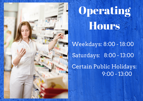 Eastpark Pharmacy operating hours: Weekdays 8-6  Saturdays 8-1  Holidays 9-1